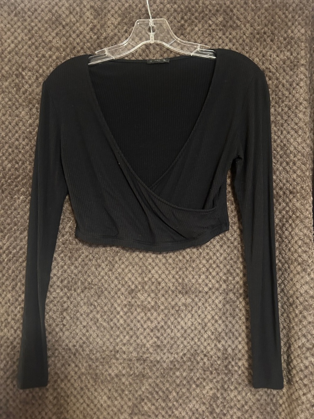 Dynamite Black Ribbed Surplice Long-Sleeve Crop Top